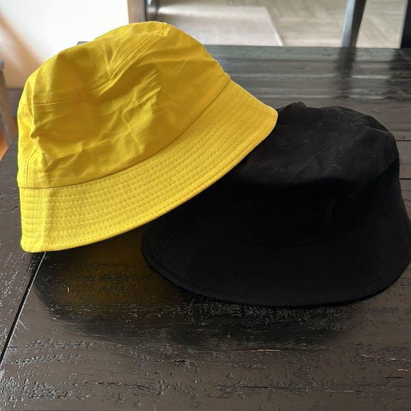Two Cotton Bucket Hats, Yellow & Black with Smiley Face Patch - Picture 2 of 4